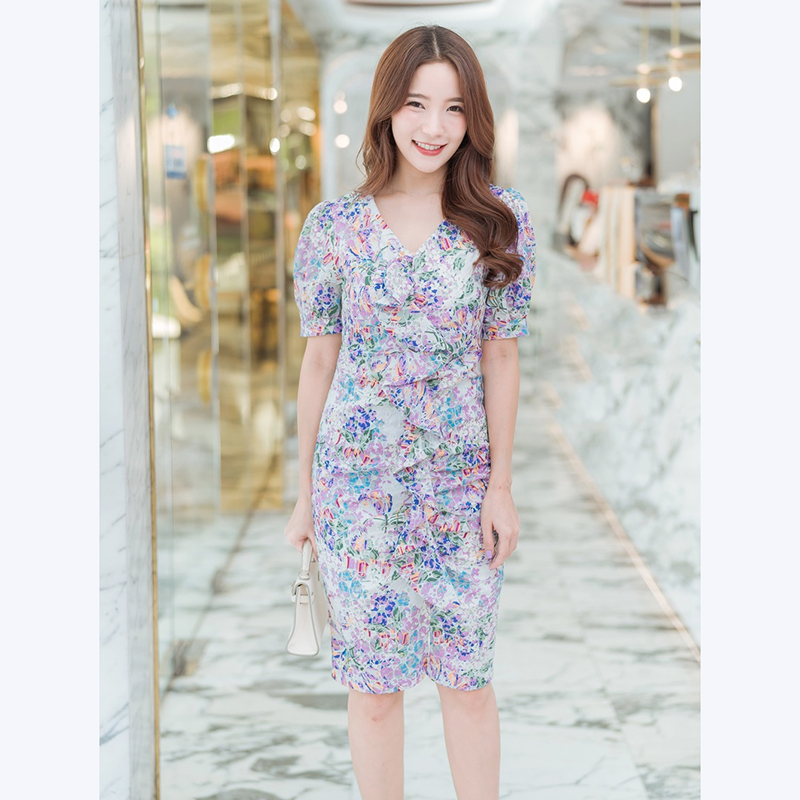 kudapy เดรสสั้นสีชมพู,ขาว ลายดอกไม้ใส่ดูสวย