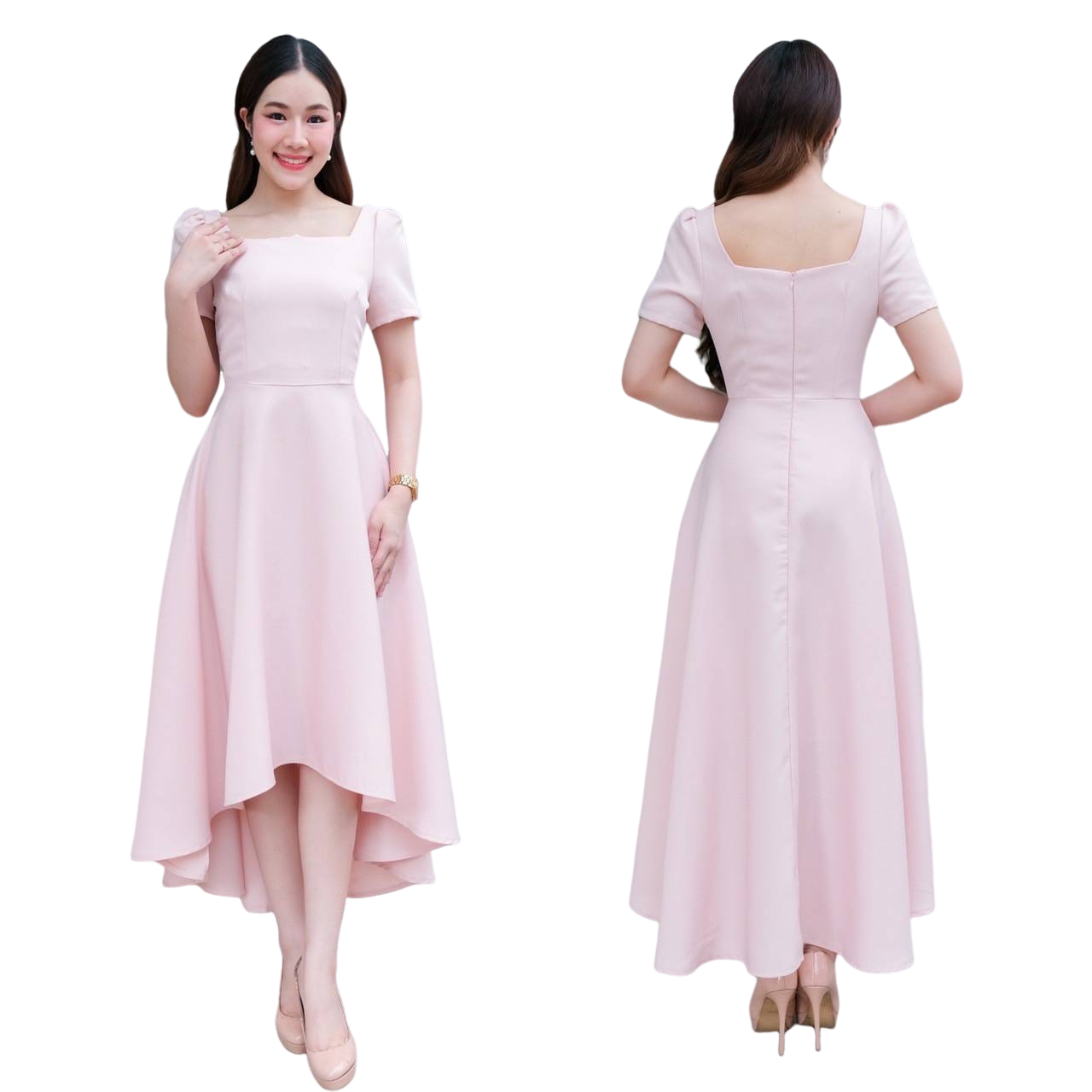 kudapy เดรสกระโปรงทรงหน้าสั้นหลังยาว/สีขาวงาช้าง/สีม่วง/สีชมพูพาสเทล/สีเทาอ่อน/สีชมพูกลีบบัว แขนสั้น คอเหลี่ยม คัตติ้งเริศแบบอลัง