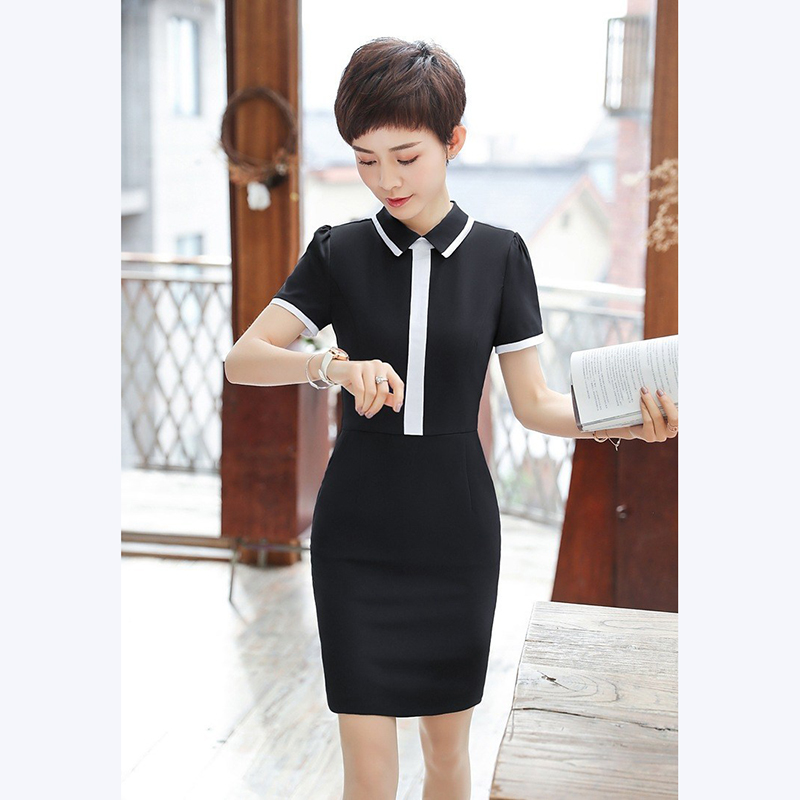 kudapy เดรสแขนสั้นสีกรมท่า สีดำ คอปก ผ้าไม่บาง และไม่หนาเกินไป เข้ารูป ทรงสอบ เหมาะสำหรับใส่ทำงาน