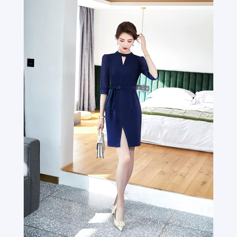 kudapy เดรสแขนสั้นสีกรมท่า สีดำ สีแอพลิคอท ผ่าหน้า ผ้าไม่บาง และไม่หนาเกินไป เหมาะสำหรับใส่ทำงาน