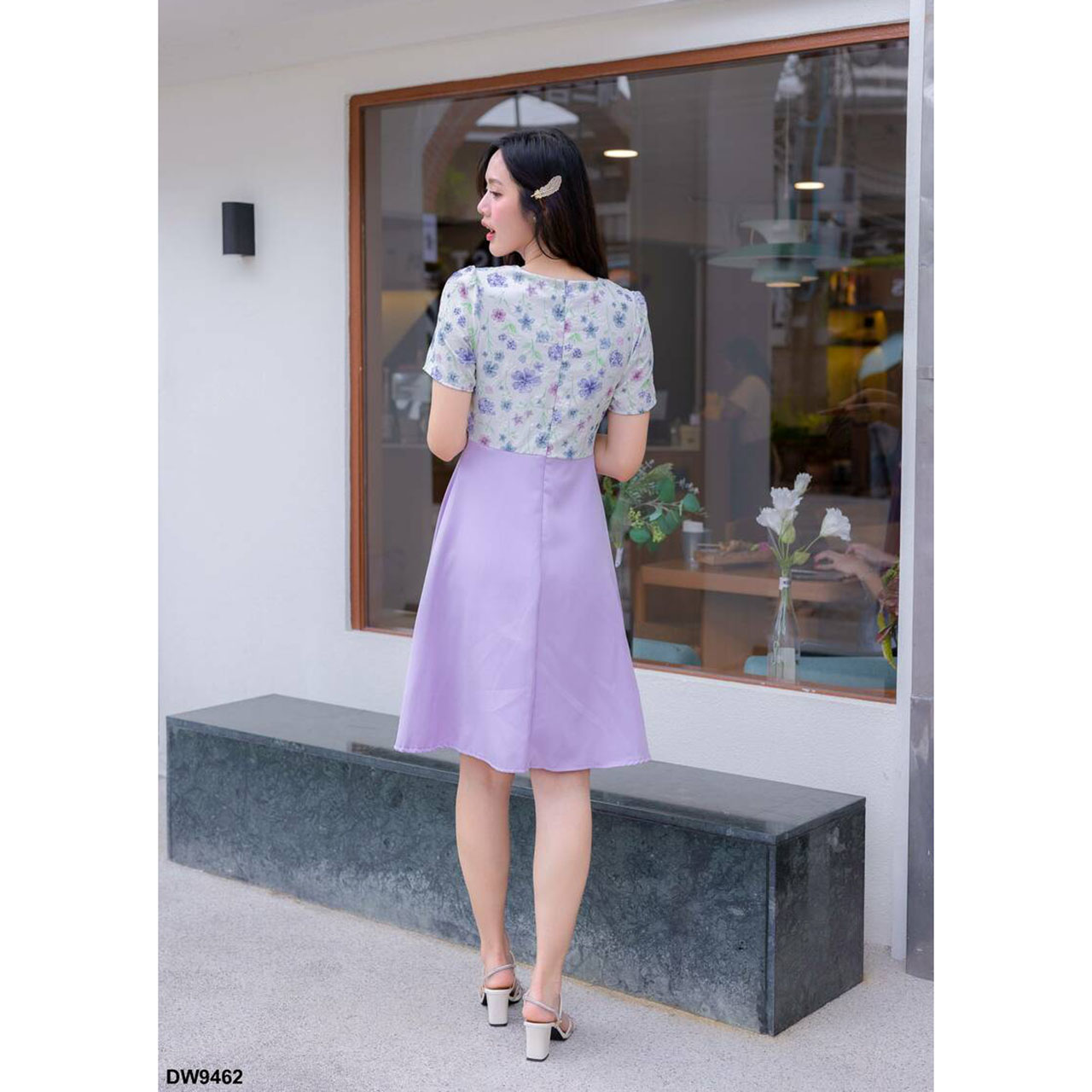 kudapy เดรสสั้นสีชมพู/สีม่วง/สีฟ้า กระโปรงบานกั๊กลายดอก