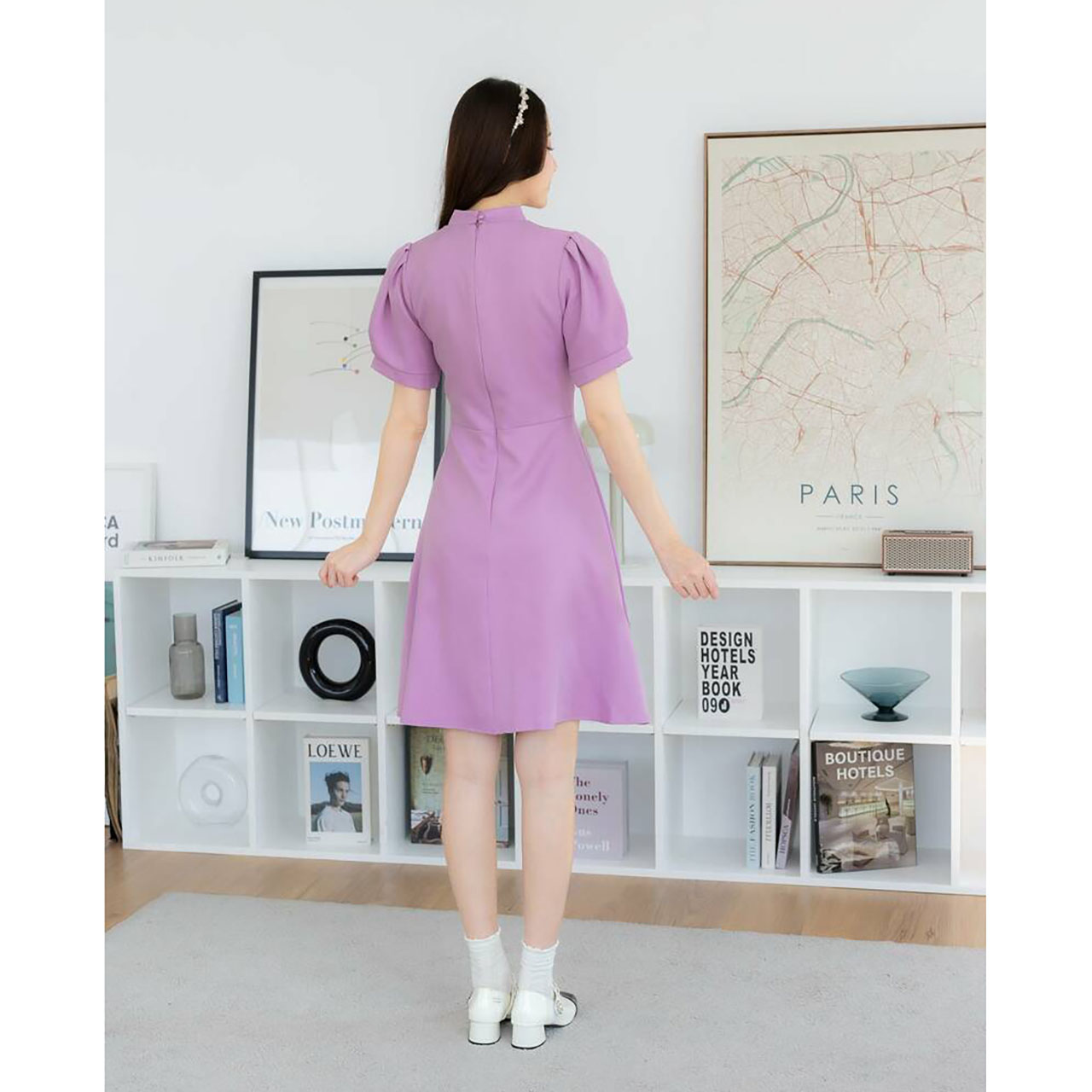 kudapy เดรสสั้นสีฟ้า/สีม่วง/สีชมพู กระโปรงบานผ้าพื้นผูกคอ