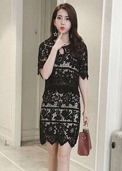 kudapy set เสื้อและกระโปรง ผ้าลูกไม้สีดำ แขนสั้นคอกลม เดรสทรงเอ มีซับใน ซิบหลัง