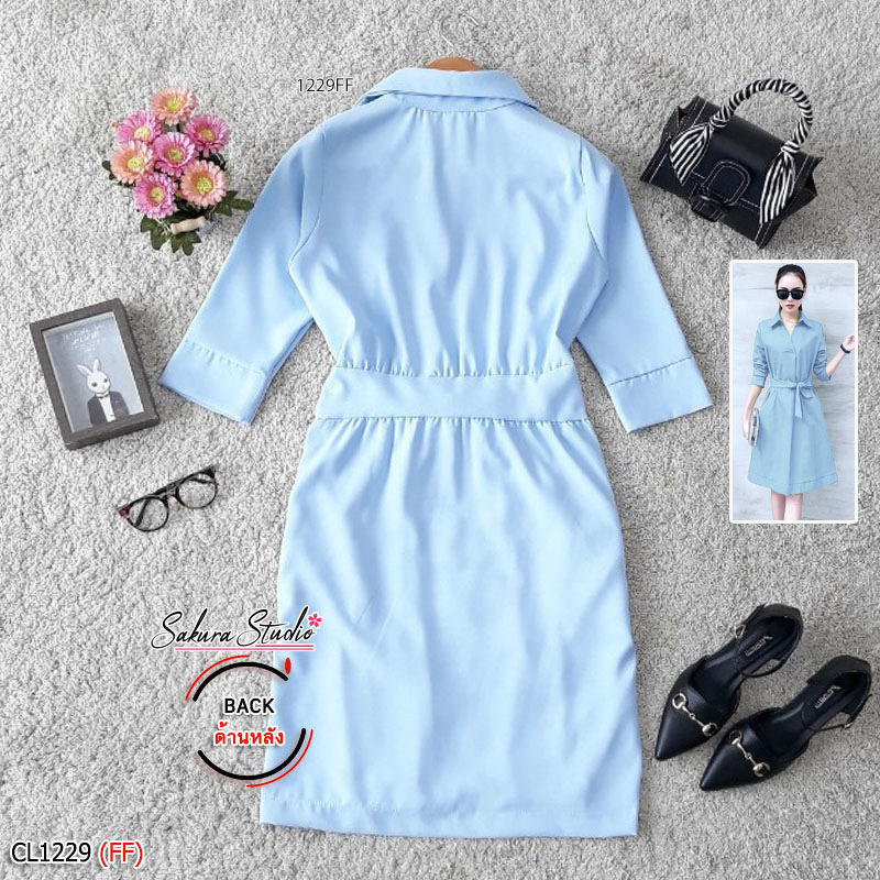 kudapy เดรสสั้นผ้าซาร่าสีพื้นปกเชิ้ต แขนศอก เอวไม่สมม๊อค มีเชือกผูกโบว์เข้ารูปสวยงาน