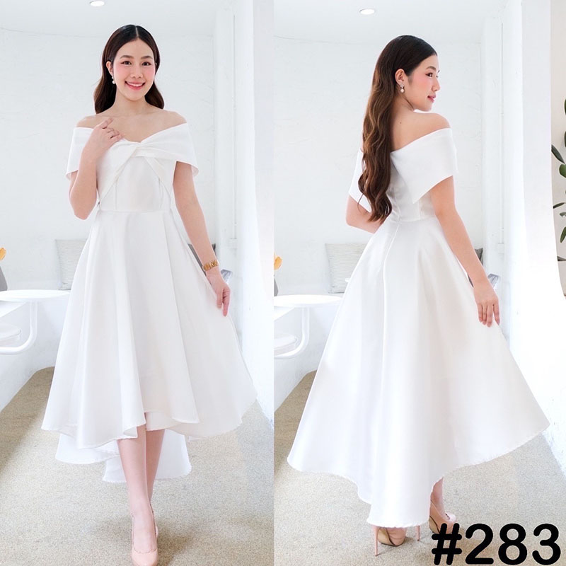 kudapy เดรสกระโปรงทรงหน้าสั้นหลังยาวสีดำ/สีขาว เปิดบ่าTwist อกใหญ่ ปิดพรางซ้อนแขน แบบอลังๆ แต่ไม่เวอร์วัง ทรงสวยเด่น เจ้าหญิง