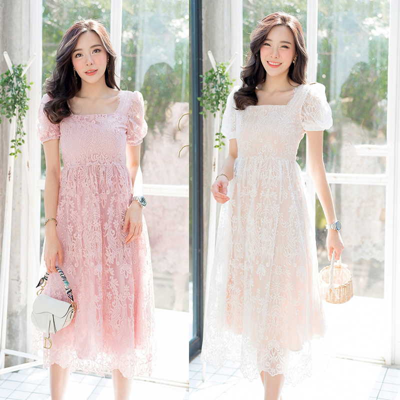 kudapyเดรสสั้นสีขาว/สีชมพู คอเหลี่ยมแขนตุ๊กตาลูกไม้ซีทรูมีซับ