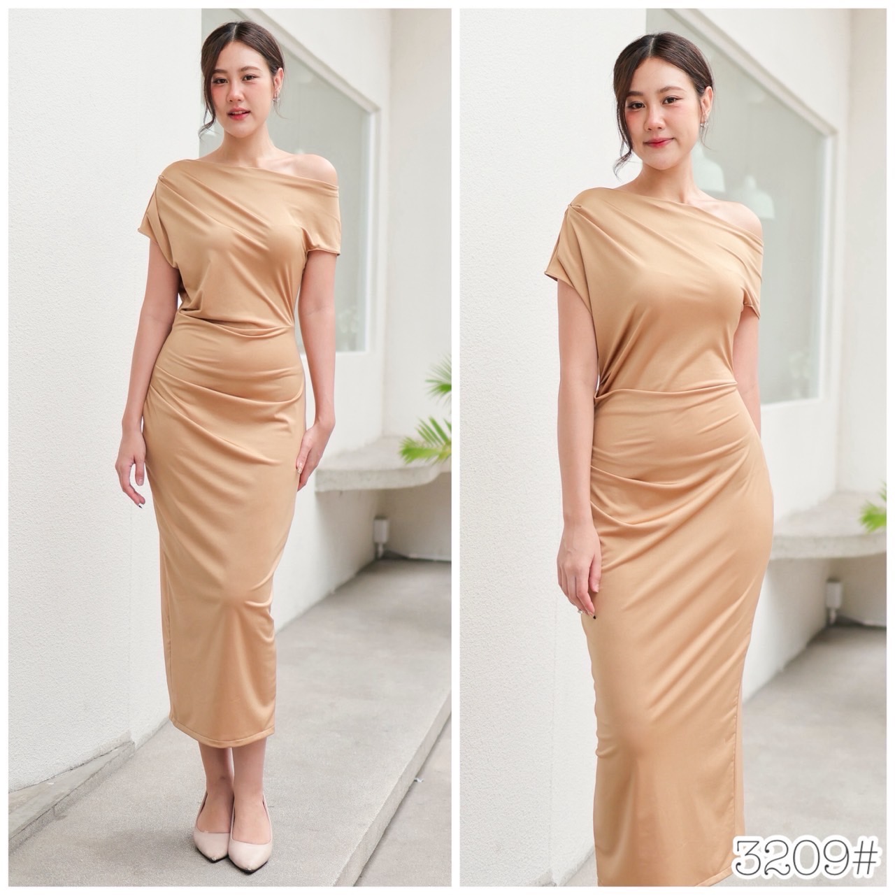 kudapy เดรสยาว ไหล่ตกเกาหลีเกาใจ กระโปรงทรงดินสอเข้า เข้ารูป