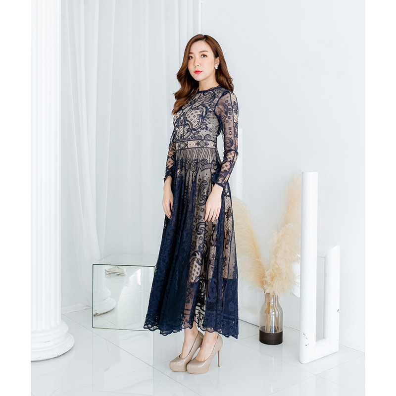 kudapy เดรสยาวสีชมพู/สีขาว/สีกรม/สีแดง แขนยาวผ้าลูกไม้สวยดูดีใส่สบายน่ารักมากๆ