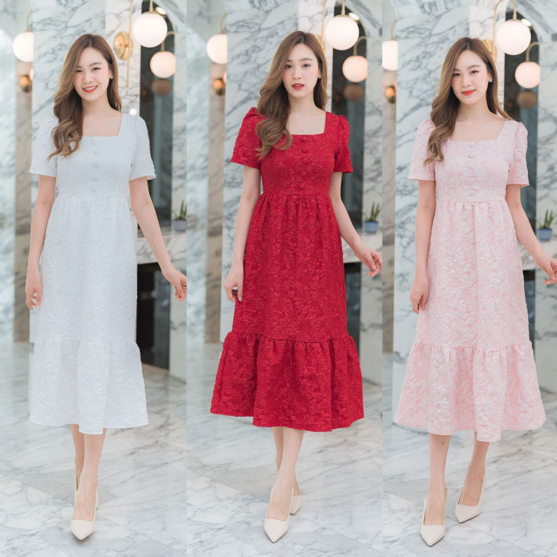 kudapyเดรสยาวสีแดง/สีชมพู/สีขาว แขนกระบอกสั้น ใส่สบายสวยดูดี