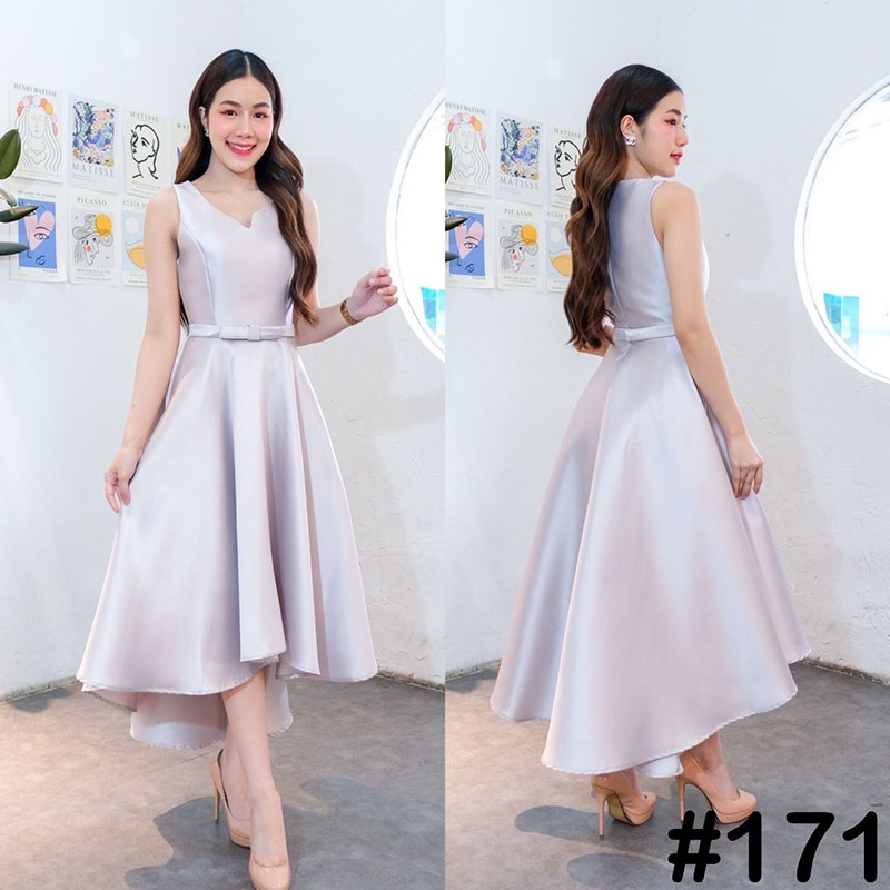 kudapy เดรสกระโปรงทรงหน้าสั้นหลังยาวสีเขียว/สีเทา/สีทอง อกหัวใจ คอระหงษ์ มาพร้อมเข็มขัดถอดได้