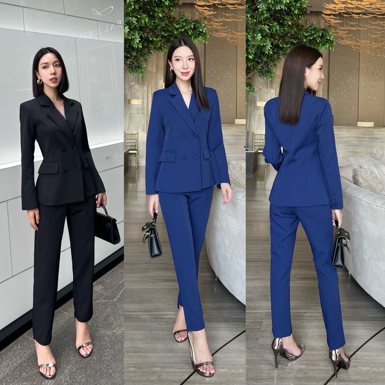 kudapy ชุดเซ็ทตัวเสื้อแต่งกระดุมด้านหน้า 4 เม็ด มีซับในทั้งชุด เย็บตีเกล็ดให้เข้ารูป ปลายแขนเสื้อแต่งกระดุม างเกงทรงกระบอกเล็ก 9 ส่วน ซิปกระดุมหน้า