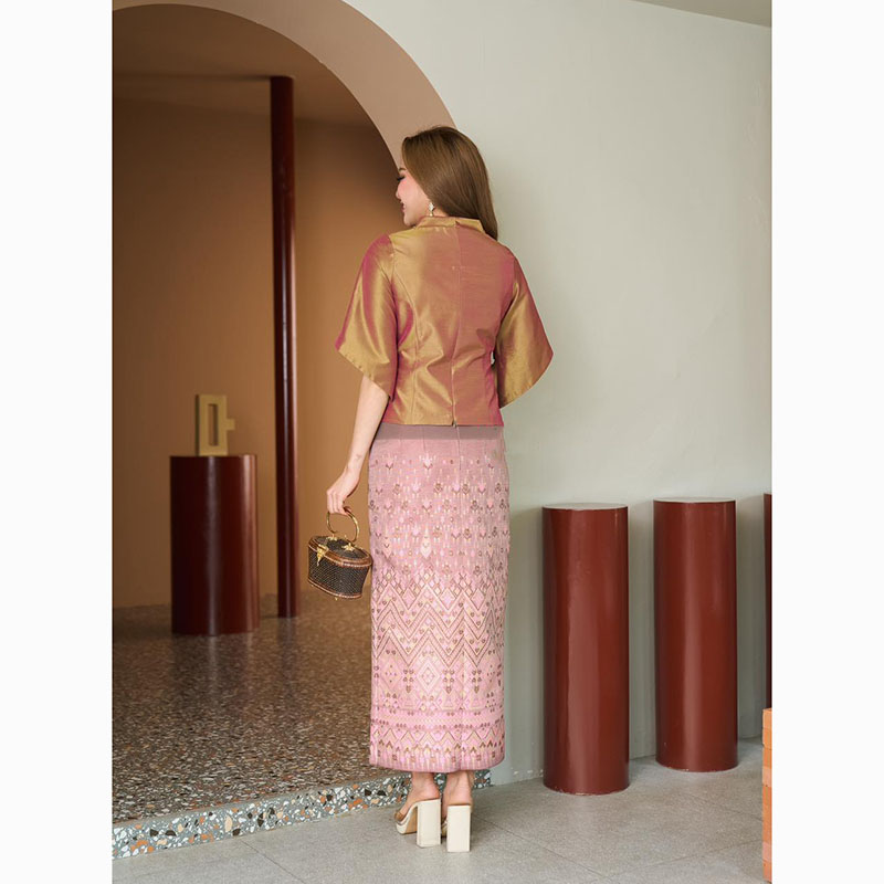 kudapy ชุดเซ็ทเสื้อผ้าไหมแพรทิพย์ สีทองไพรหม่นเขียว+ผ้าถุงผ้าฝ้ายทอลายแพรวากาฬสินธุ์