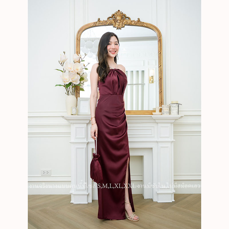 kudapy เดรสยาวสีชมพู/สีนู้ด/สีแดงเลือดหมู คล้องคอสายเพชร ผ้าเครปซาตินซับในทั้งชุด ชุดราตรีพรีเมี่ยม