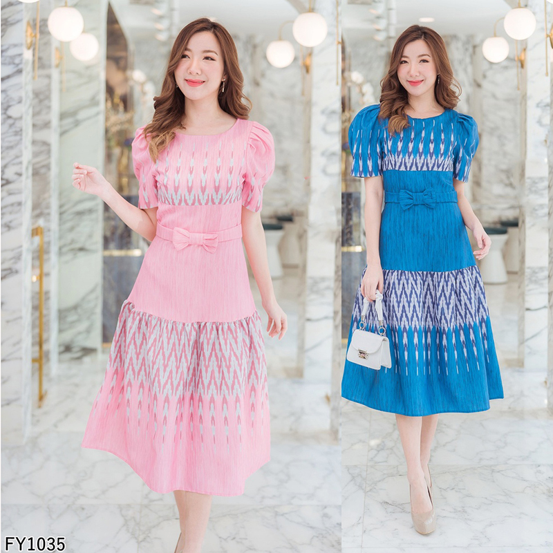 kudapy เดรสผ้าไทยยาวคลุมเข่าสีกรม/สีชมพู คอกลมแขนตุกตา ติดโบว์รัดเอวลายไทยสวยใส่สบายดูดี ซับหลังอย่างดี