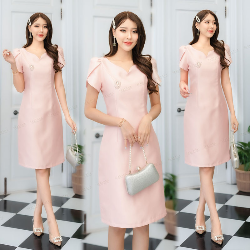 kudapy เดรสสั้นสีเหลืองทอง/สีชมพูอ่อน/สีชมพูเข้ม ผ้าไหม ชุดออกงานสวยดูดี ใส่สบาย