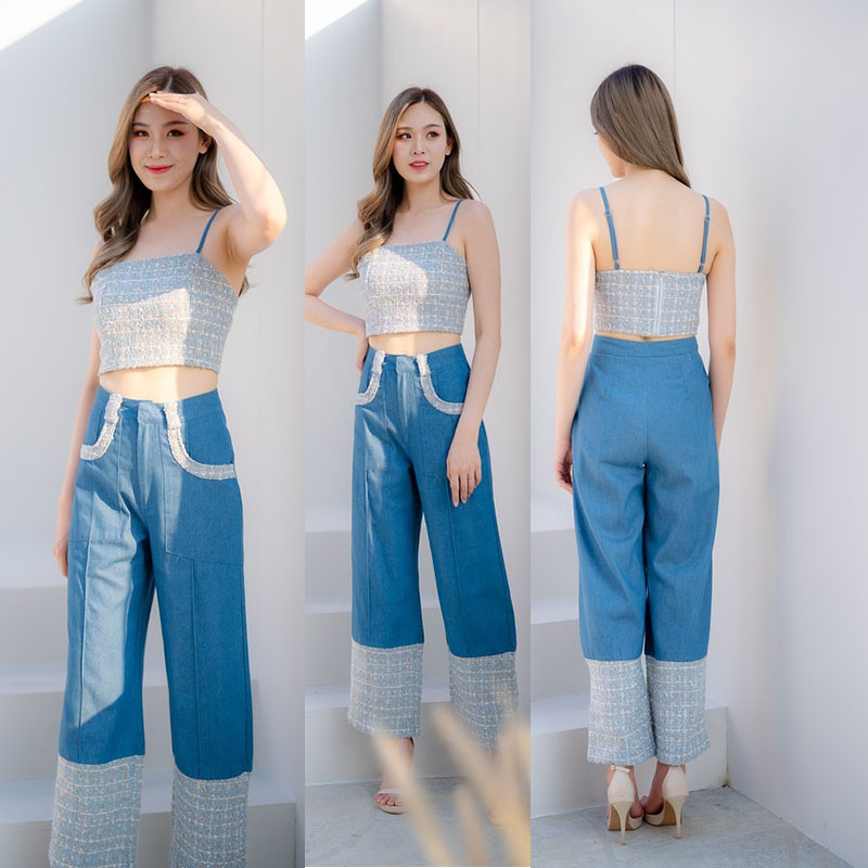 kudapy ชุด Set เสื้อ Crop สายเดี่ยวผ้าทวิตสีฟ้า มาพร้อมกางเกงยีนส์แฟชั่นทรงกระบอกแต่งผ้าทวิตปลายกางเกง