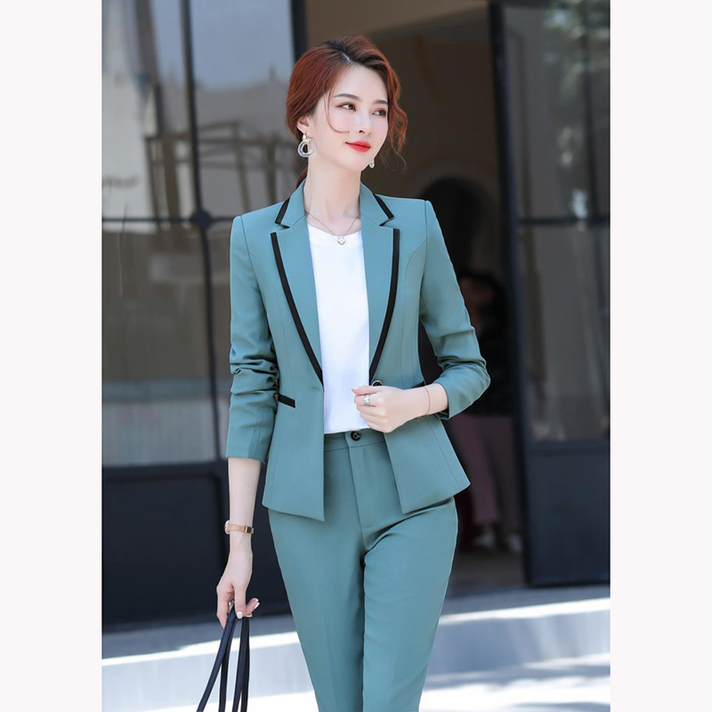 kudapy ชุดสูททำงานผู้หญิงสีฟ้าคราม/สีดำ แต่งขอบดำ สีสุภาพเรียบง่าย