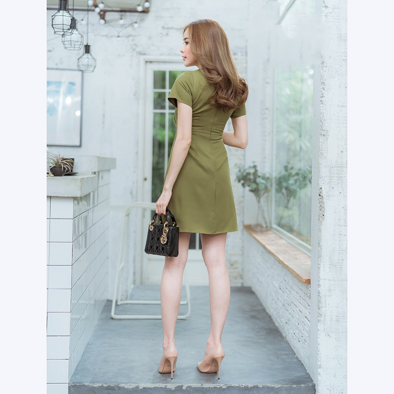 kudapy เดรสสั้นสีชมพู,เขียว,กรม ใส่ทำงานแต่งกระดุมคู่ทูโทนสวยน่ารัก