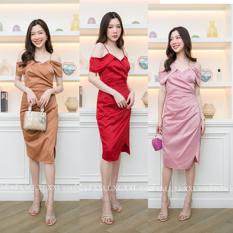 kudapy เดรสสั้นสีไวน์แดง/สีน้ำตาลอิฐ/สีชมพู ชุดราตรีสั้นปาดไหล่พรีเมี่ยมเกรด