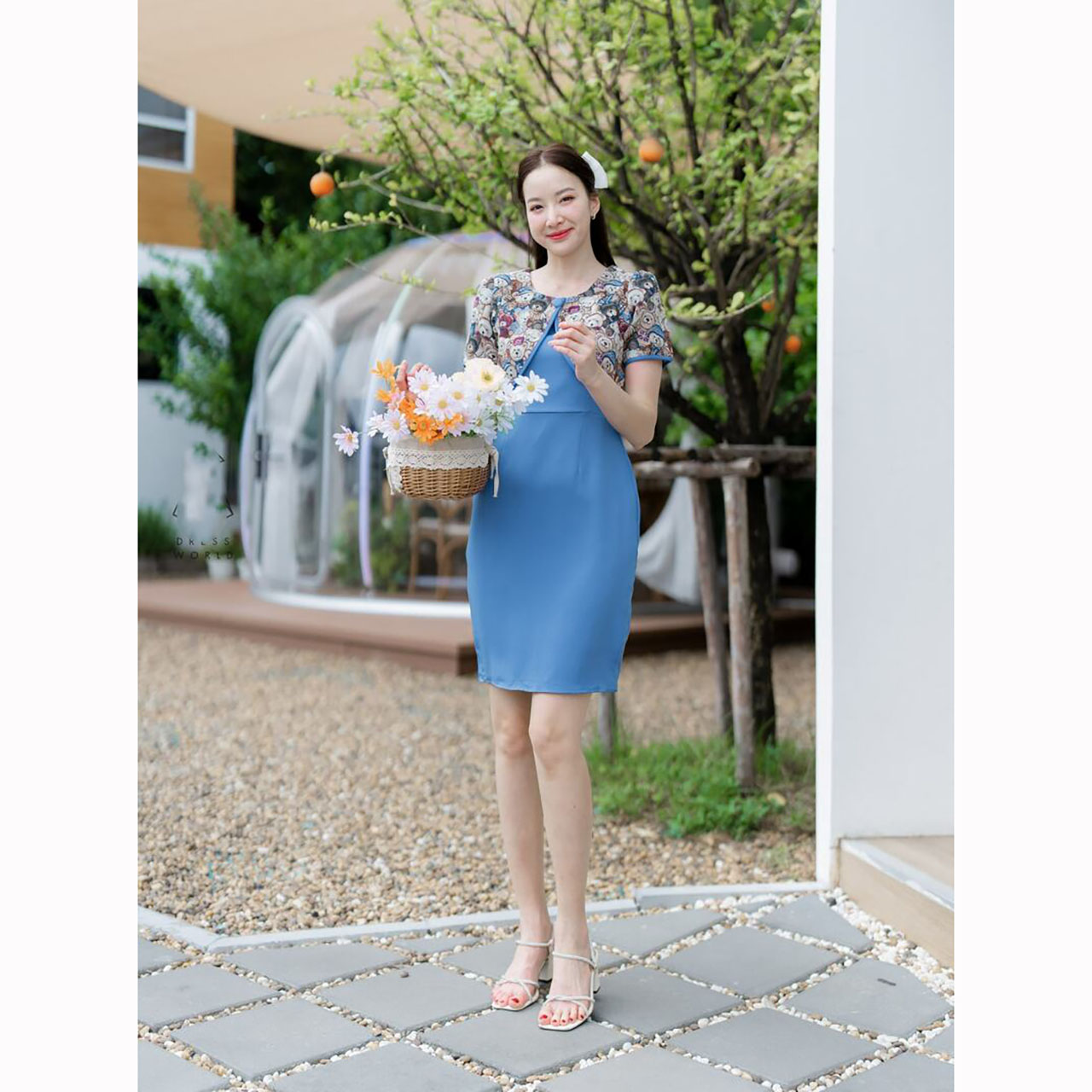 kudapy เดรสสั้นสีชมพู/สีฟ้า/สีกรม ผ้าพื้นแต่งกั๊กหมี ลายดอกไม้ สวยดูดี