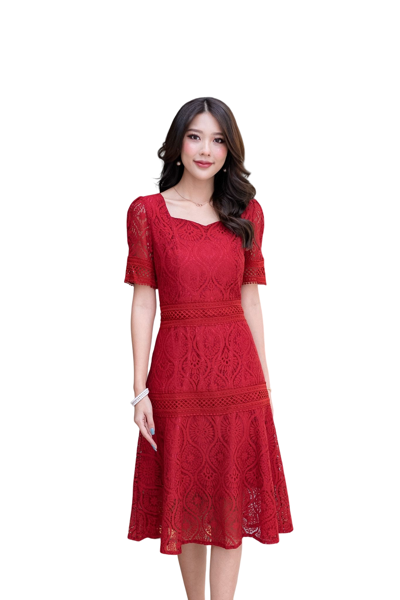 kudapy เดรสสั้นสีชมพู/สีดำ/สีแดง/สีม่วง/สีขาว เดรสผ้าลูกไม้ผ้าดีเนื้อนิ่ม ลายสวย ดีเทลแต่งลูกไม้คาดช่วงเอว และสะโพก