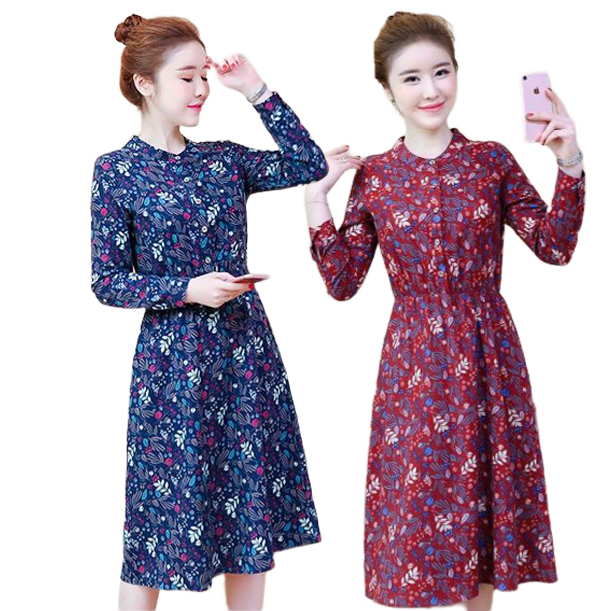 kudapy เดรสสั้นสีกรม-สีแดง ผ้าฝ้ายแขนยาว พิมพ์ลายใบไม้ เอวจั้ม มีกระเป๋าทั้ง2ข้าง ปลายแขนมีกระดุม ผ้าใส่สบาย