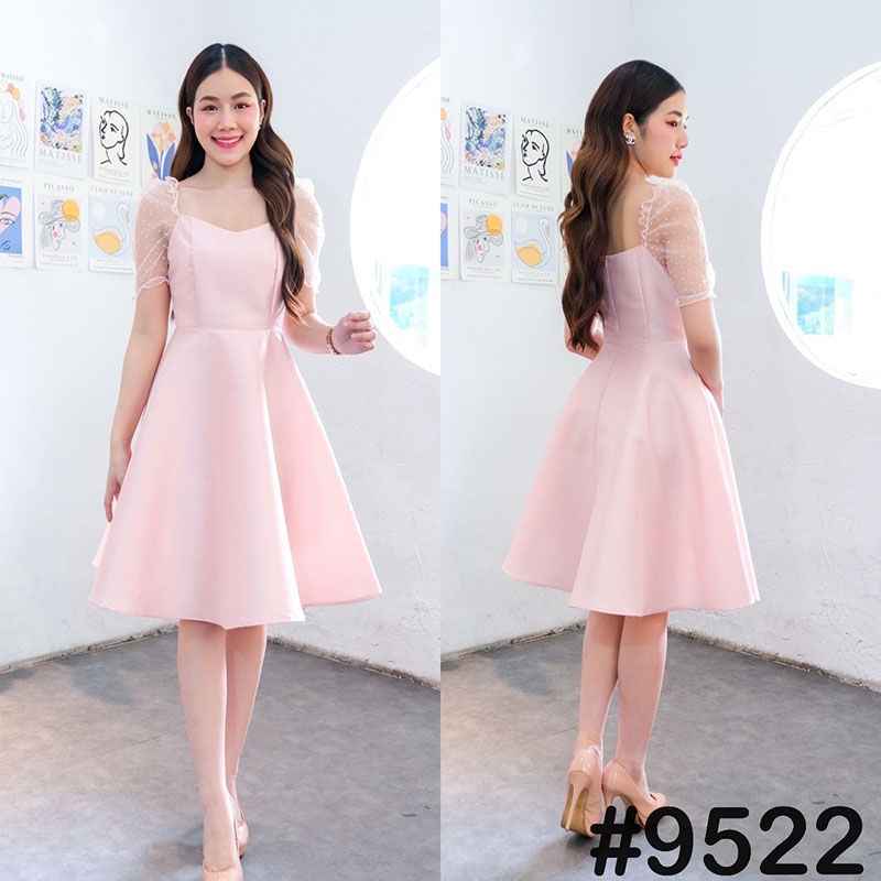 kudapy เดรสสั้นสีขาว ทอง แดง ชมพู กรม เทาเงิน ผ้าแก้วแขนตุ๊กตา