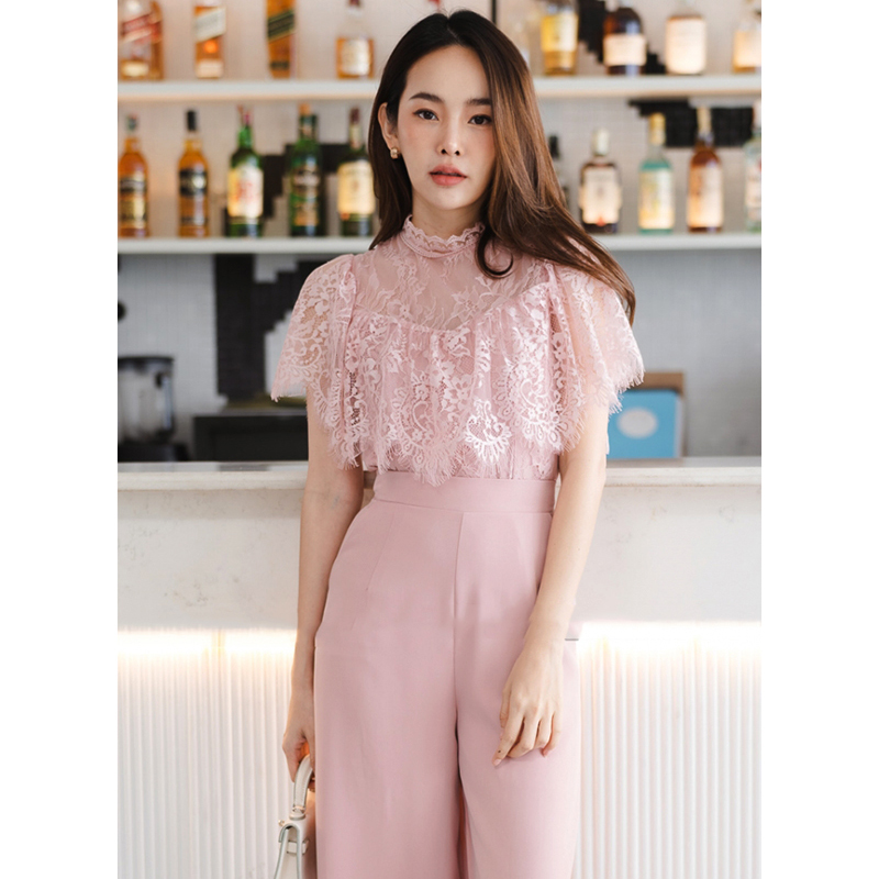 kudapy เซท 2ชิ้น เสื้อลูกไม้+กางเกงขายาว สีขาว/สีชมพู/สีฟ้า/สีทอง แต่งระบายอก