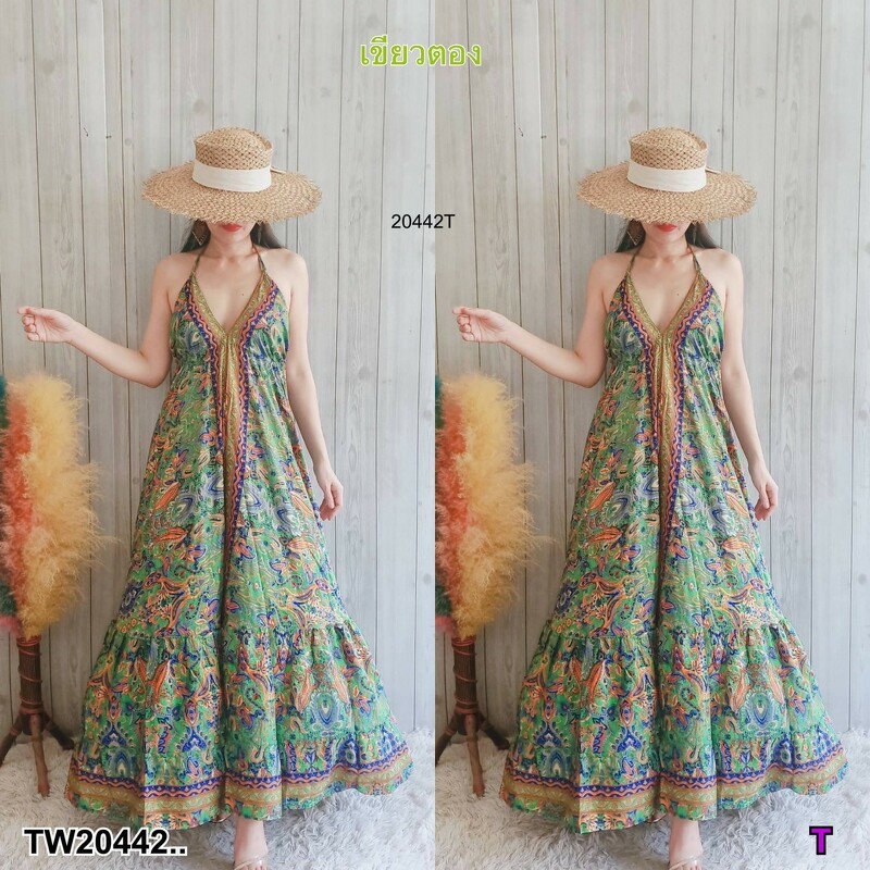 kudapy เดรสายเดี่ยวคู่ มีสายรูดผูกเอวปรับเข้ารูป เนื้อผ้าไหมอินเดียพิมพ์ทอง งานชิว ใส่สบาย ลุคเหมาะกับหน้าร้อนซัมเมอร์