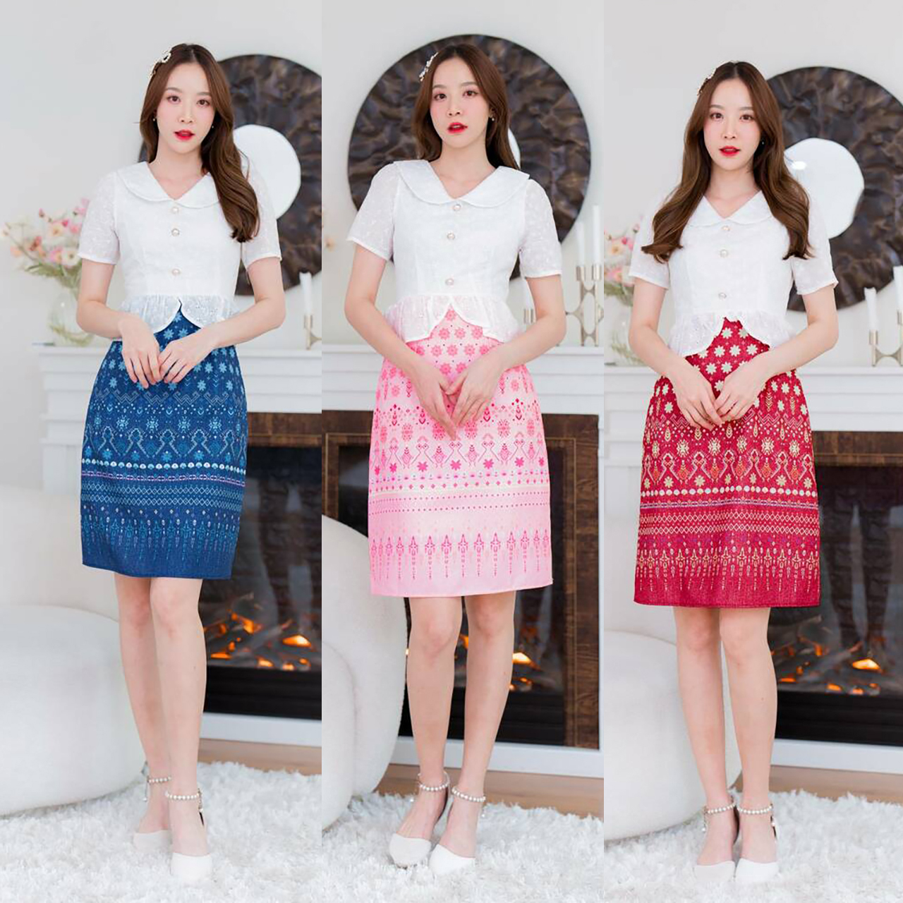 kudapy เดรสสั้นสีกรม/สีแดง/สีชมพู เสื้อผ้าฉลุขาวกระโปรงลายไทย