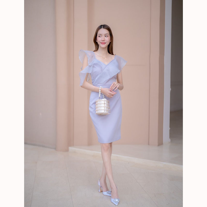 kudapy เดรสสั้ีนสีชมพู/สีเทา เปิดไหล่ระบาย เดรสใส่ออกงาน ใส่ทำงาน เบาสบาย สวยดูดีมาก