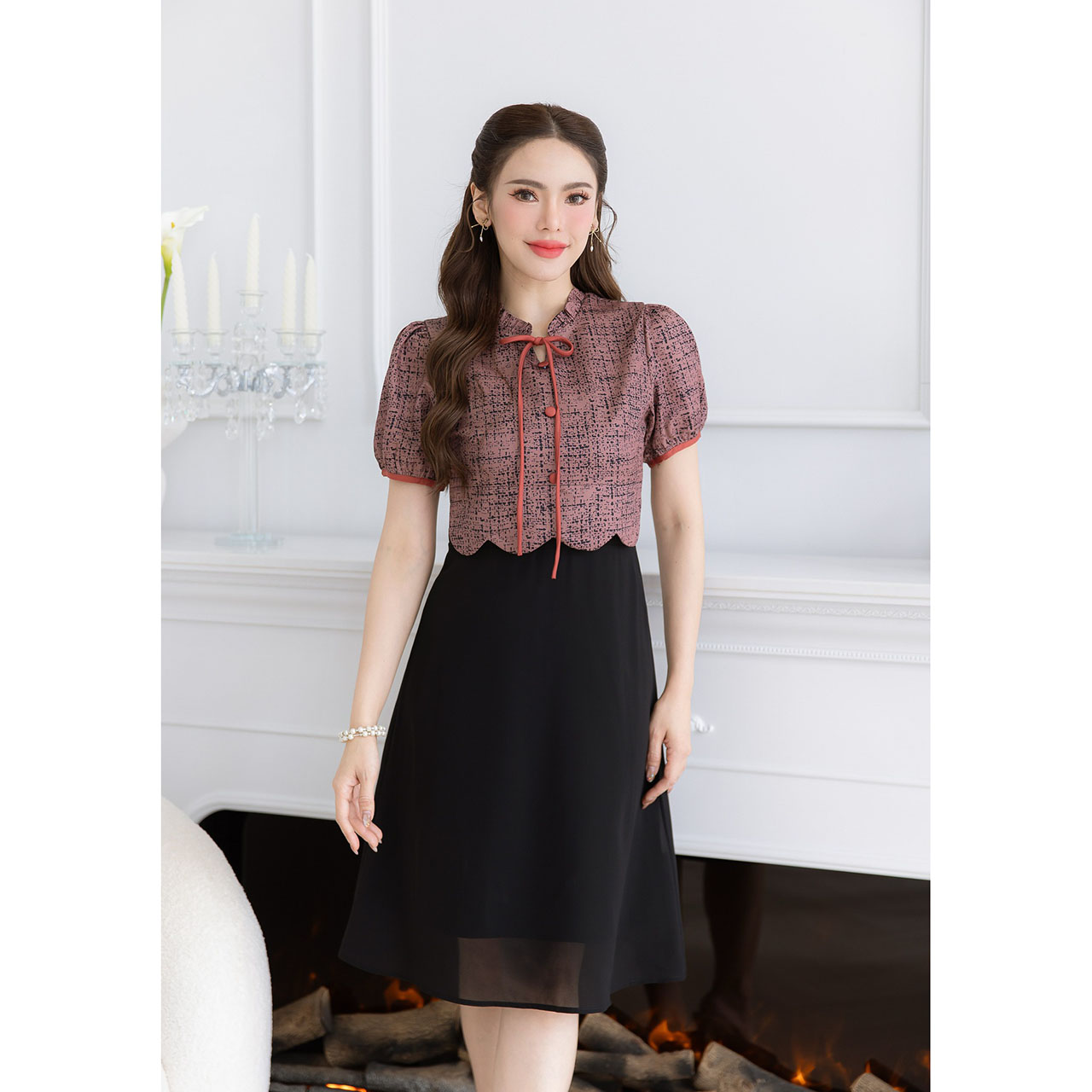 kudapy เดรสผ้าพิมพ์ลายกระโปรงชีฟอง ด้านบนเป็นผ้าพิมพ์ลายอัดกาวอยู่ทรง กระโปรงชีฟองสวยพริ้วใส่สบาย