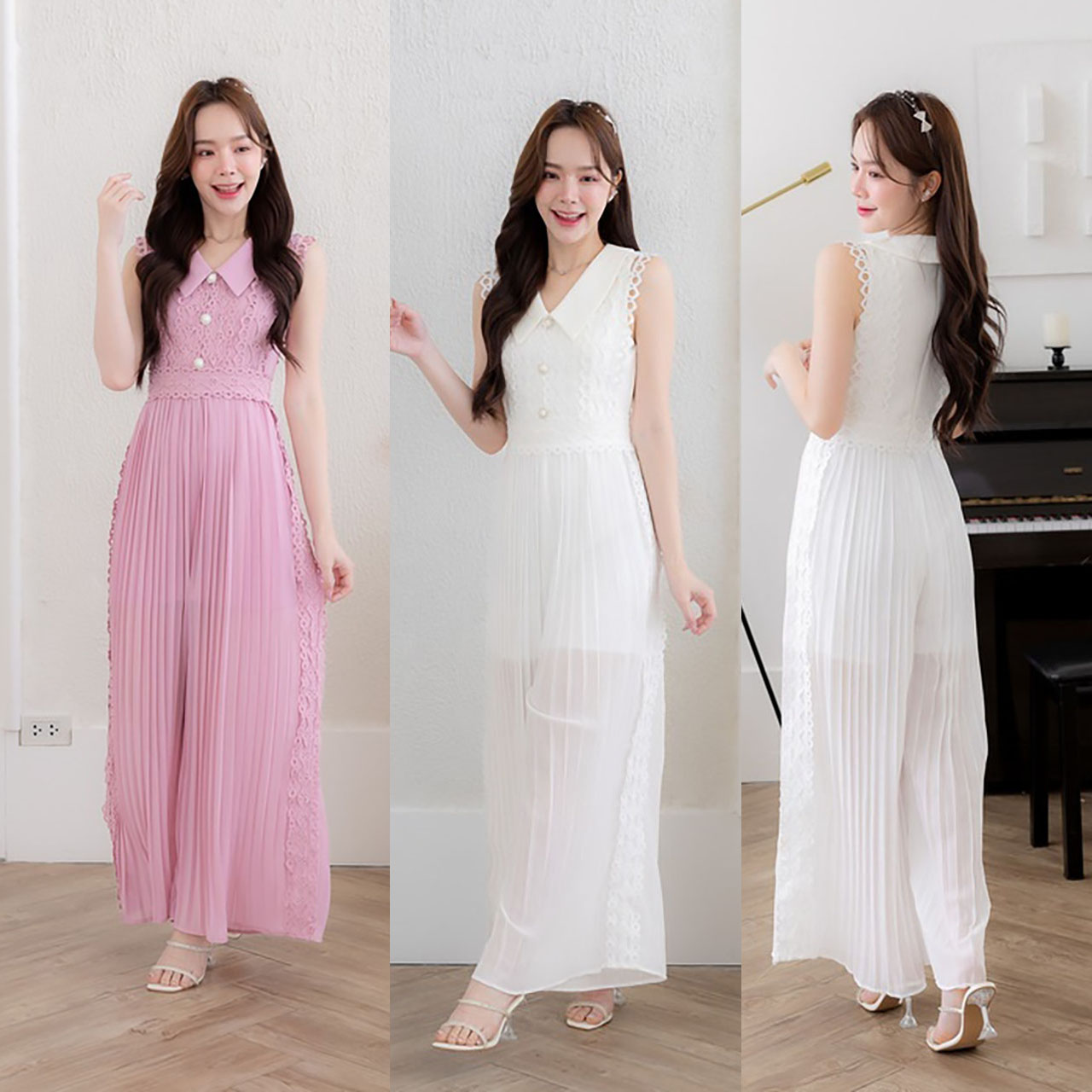 kudapy จั้มสูทขายาวสีชมพู/สีขาว กางเกงอัดพีช ลูกไม้สวย แขนกุด คอปก ใส่สบาย