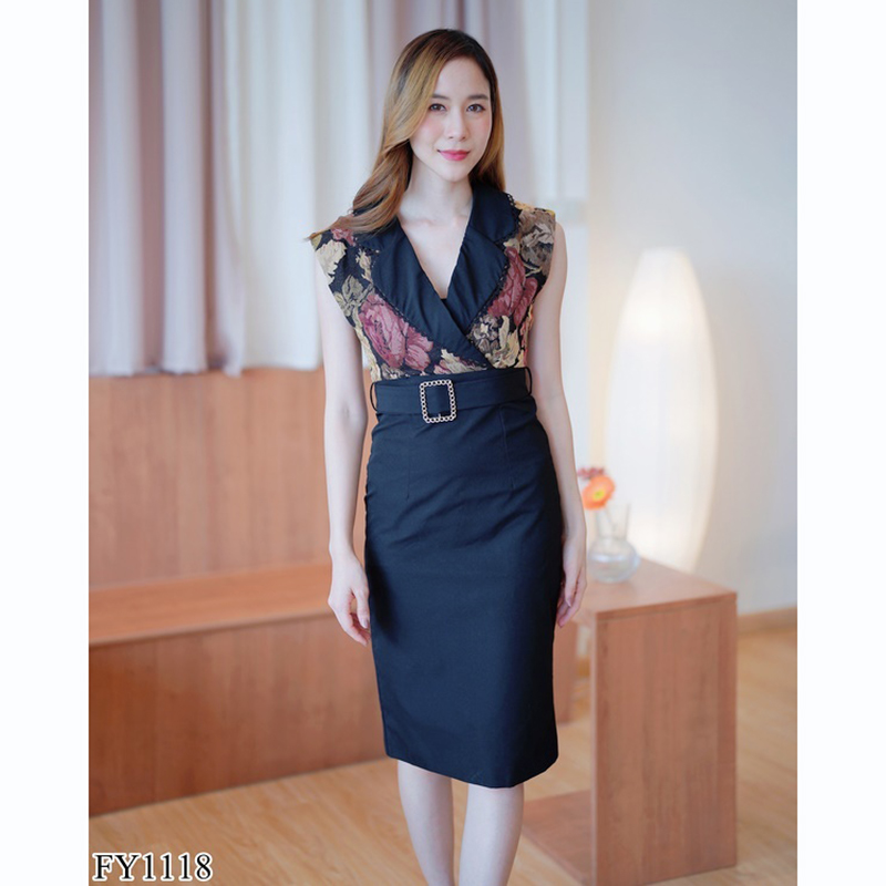 kudapy เดรสสั้นสีน้ำตาล/สีดำ ปกสูทคาดเข็มขัดสวยดูดี