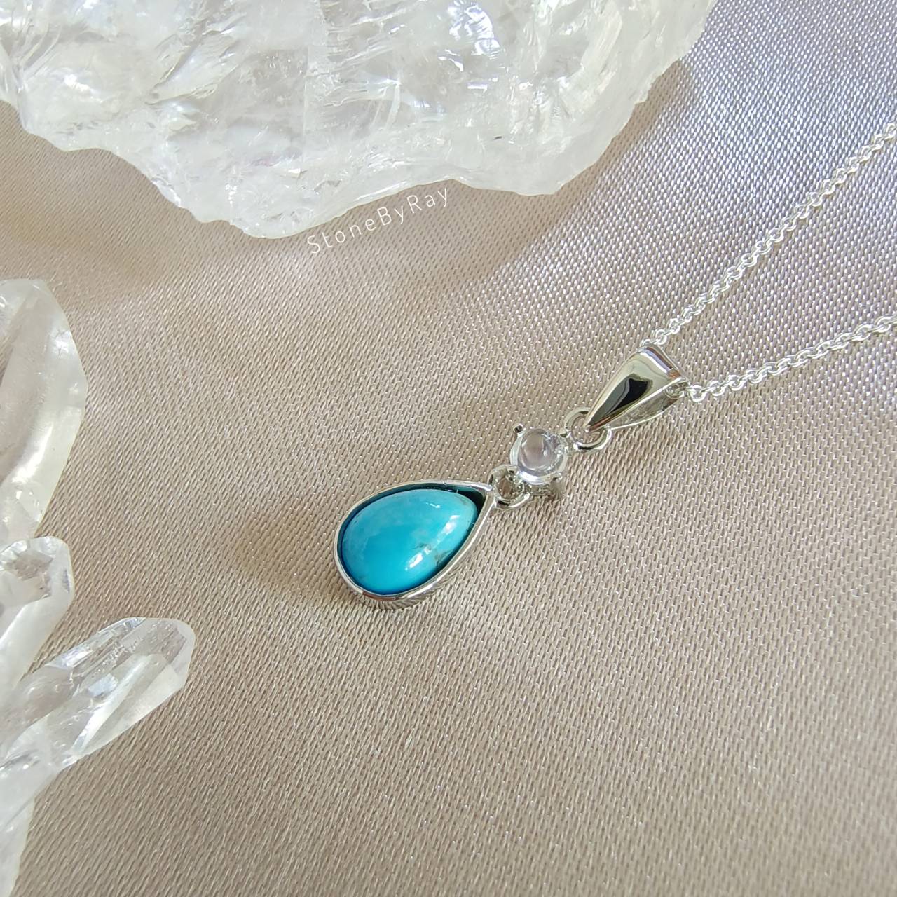 สร้อยคอเงินจี้หินเทอร์ควอยส์ดีไซน์กับหินมูนสโตน Turquoise+Moonstone