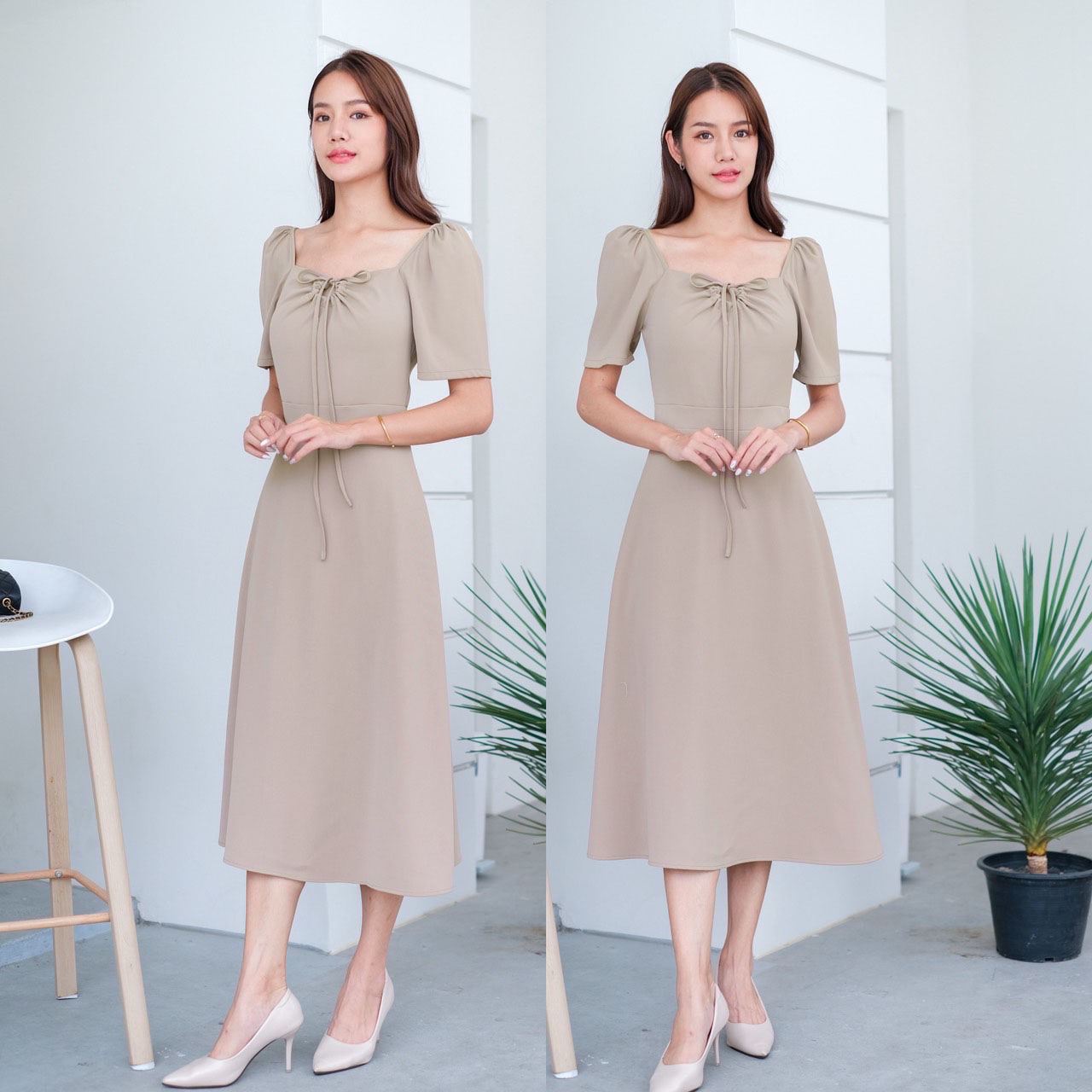 kudapy เดรสยาว ดีเทลช่วงอกแต่งจับจีบ มีเชือกมัดหลังคอ บ่าจับจีบ เย็บต่อช่วงเอว กระโปรงฟรีสะโพก