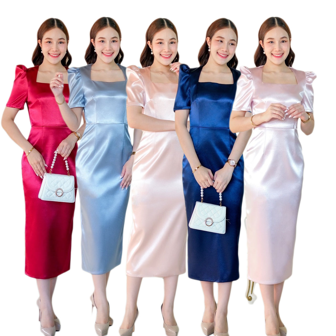 kudapy เดรสสั้นสีชมพู/สีทอง/สีกรมท่า/สีแดง/สีฟ้า ทรงสอบ คอเหลี่ยม แขนสั้น จับจีบยกบ่า กระโปรงทรงสอบ เก็บสะโพก