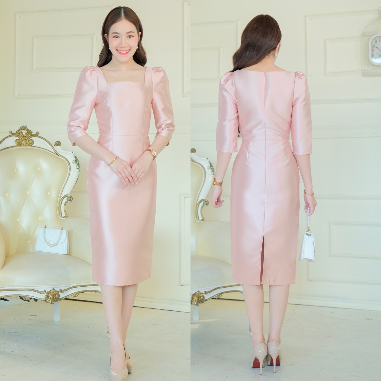 kudapy เดรสสั้นออกงาน แขนสามส่วน ดีเทลจับจีบหัวไหล่ กระโปรงสอบผ่าหลัง คอเหลี่ยม