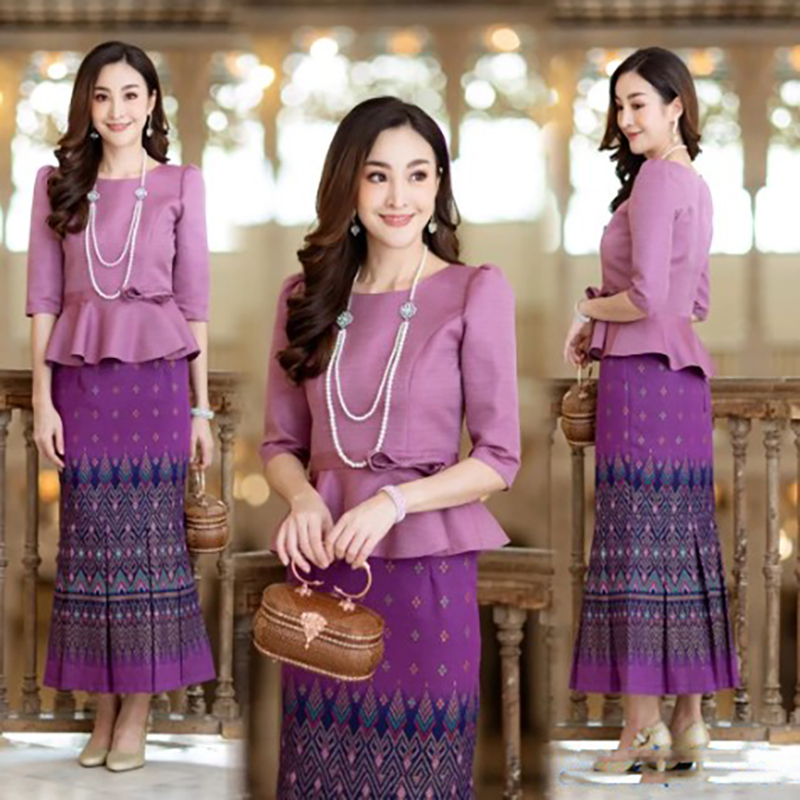 Kudapy เสื้อผ้าไหม สีม่วง สีเขียว สีเหลือง สีแดง คอกลม แขน 4 ส่วน เสื้อผ้าผู้หญิง เสื้อผ้าไหมผู้หญิง ชุดไทยประยุกต์ สวมใส่สบาย ดีไซค์สวยหรู สินค้าคุณภาพ