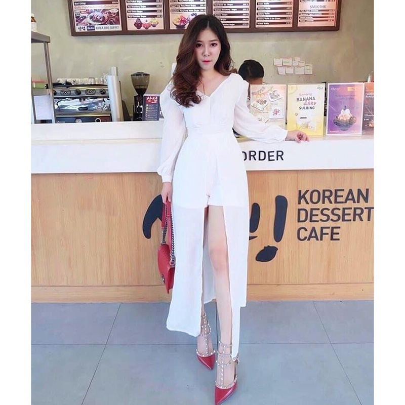 kudapy เดรสจั้ม แขนยาวกระโปรงยาวผ่าหน้า มีกางเกงด้านใน ผ้าพริ้วสวย งานใส่สบาย