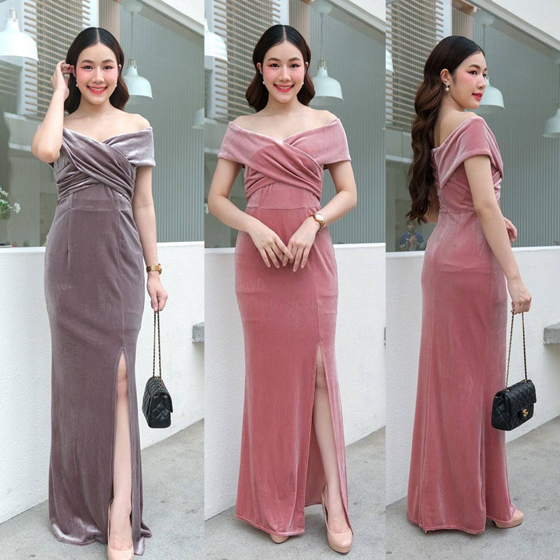 kudapy เดรสยาวสีเทา/สีชมพูโอรส/สีแดง ผ้ากำมะหยี่ไขว้อก ทรงเปิดบ่า กระโปรงหางปลาผ่าหน้า ทรงนี้เรียบหรู