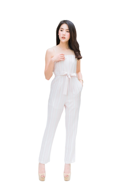 จั้มสูทสีชมพู ลายทางขายาวสไตล์เก๋ แต่งอกตาข่าย