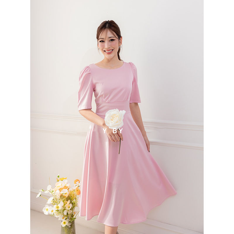 kudapy เดรสสั้นสีเขียว/สีน้ำตาล/สีฟ้า/สีชมพู กระโปรงบาน แขนสั้น ทรงรุ่นนี้ใส่แล้วสวยหวาน