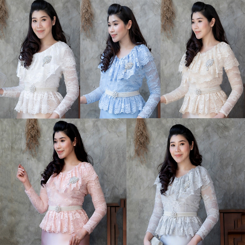 kudapy เสื้อลูกไม้แขนยาวสีฟ้า/สีเทา/สีชมพู/สีขาว/สีทอง ดีเทลแต่งระบายด้านหน้า