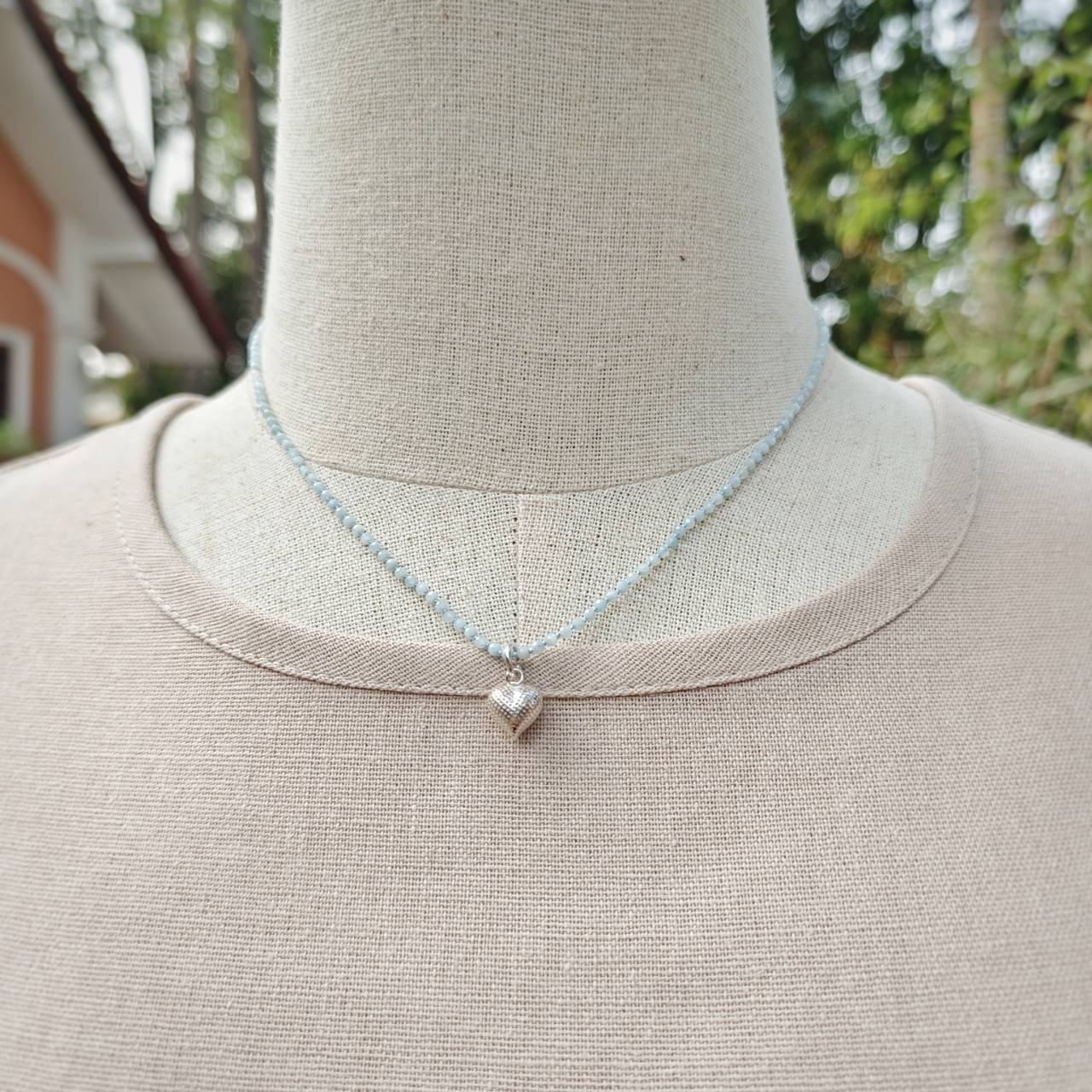 สร้อยคอเชือกถักหินอความารีนเจียรเหลี่ยม Aquamarine