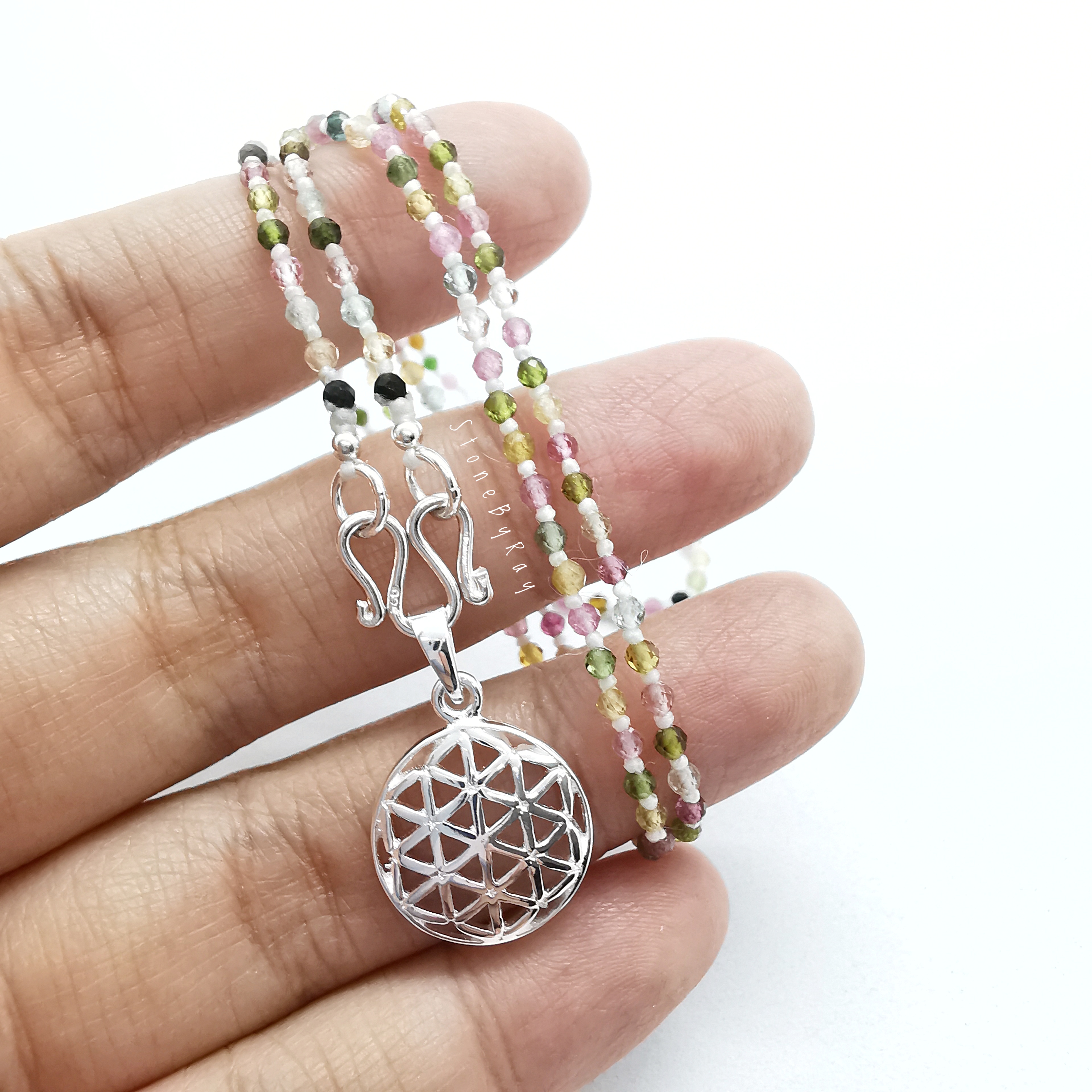 สร้อยคอเชือกถักพลอยทัวร์มาลีนเจียรเหลี่ยม+จี้เงิน Flower of life
