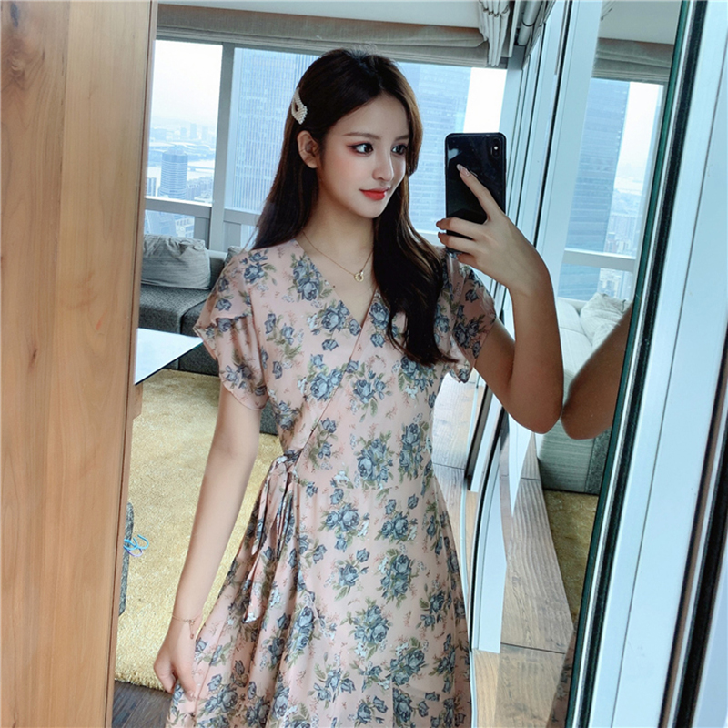 kudapy ชุดเดรสสีฟ้าอมเขียว,สีชมพู ใส่ทำงาน ผ้าชีฟองพื้น พิมพ์ลายดอกกุหลาบ