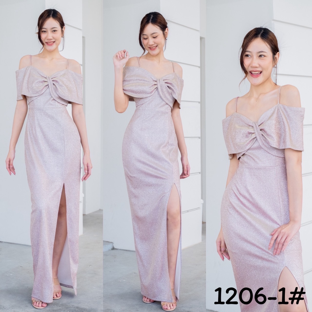 kudapy เดรสยาว ผ้าดัชเชสอัดกาว เปิดบ่าจับบิดทวิชไขว้อก มีสายคล้องบ่า กระโปรงทรงสอบ ผ่าหน้าขา sexy