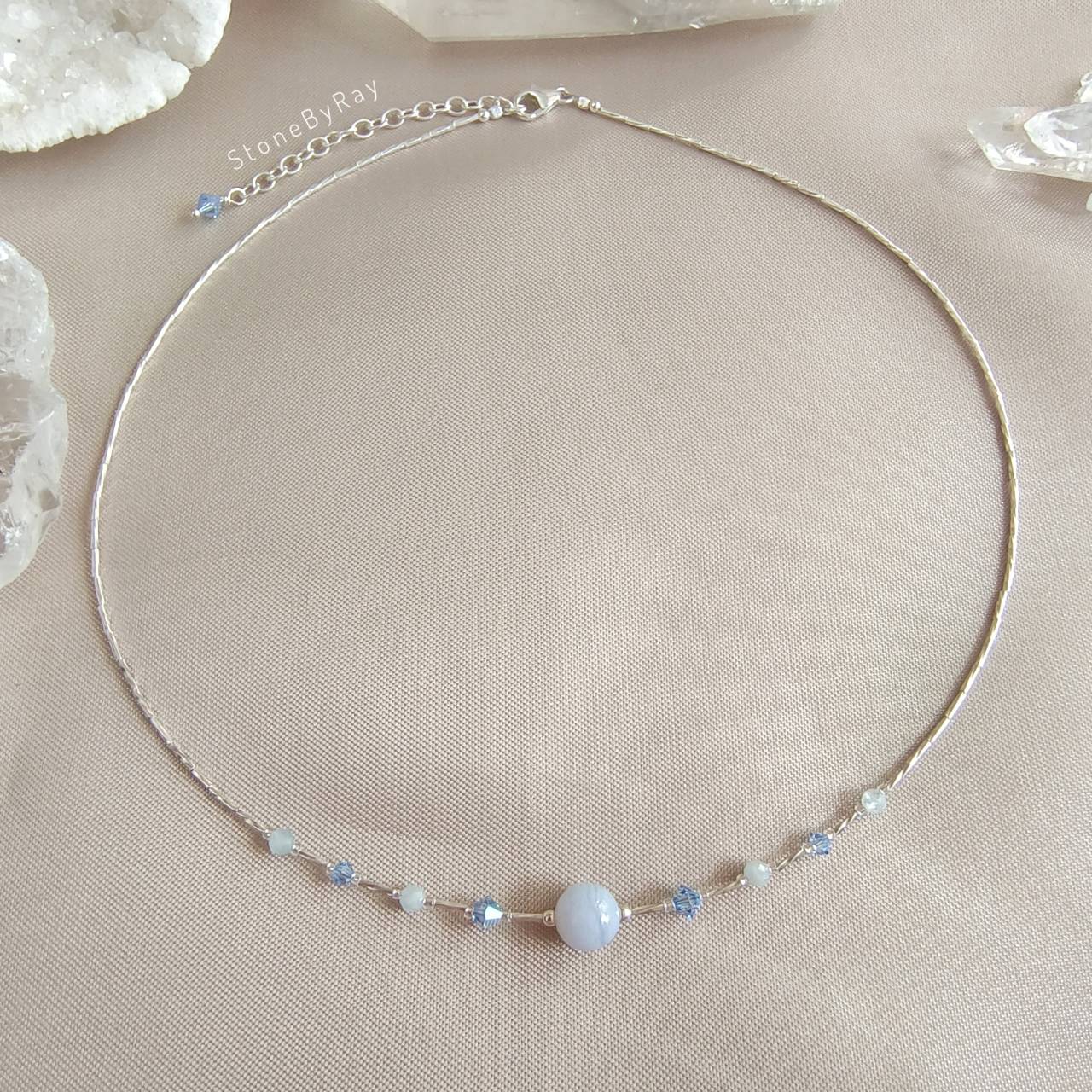 Setสร้อยคอเงินหินบลูเลสอาเกต Blue Lace Agate