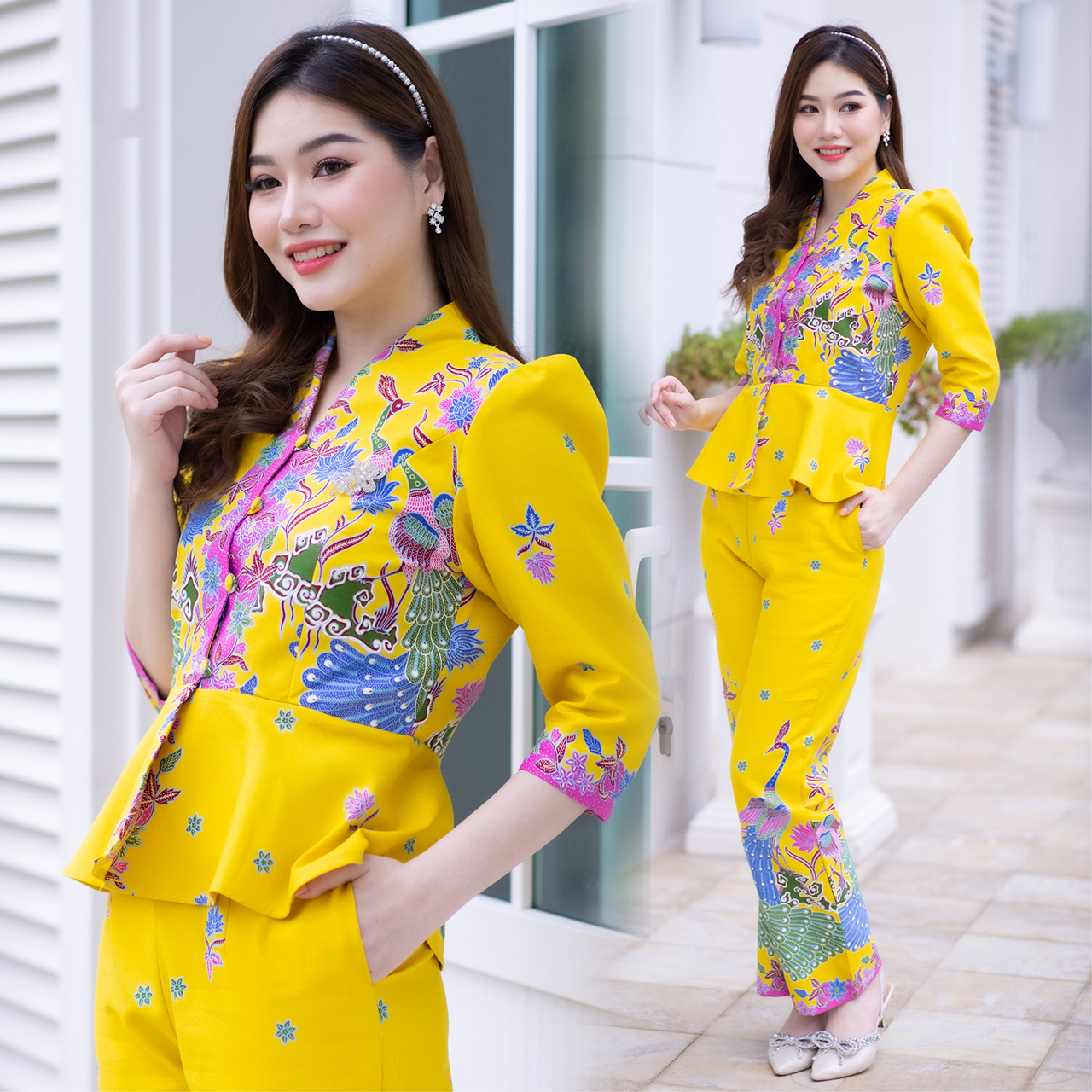 kudapy ชุดเซ็ทเสื้อ+กางเกง ปาเต๊ะ ผ้าคอตตอนพิมพ์ลายสีสดใส ลายสวย ผ้าไม่บางใส ไม่เห็นชั้นใน สีไม่ตก ผ้าไม่ยืดไม่หด